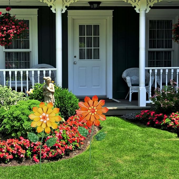YEAHOME Garden Decor for Outside, Set of 2 Metal Flowers 23.6” Decorative Garden Stakes for Spring Decor, Yard Art Flower Stakes for Outdoor Lawn Backyard Porch Garden Decorations (Orange, Yellow)