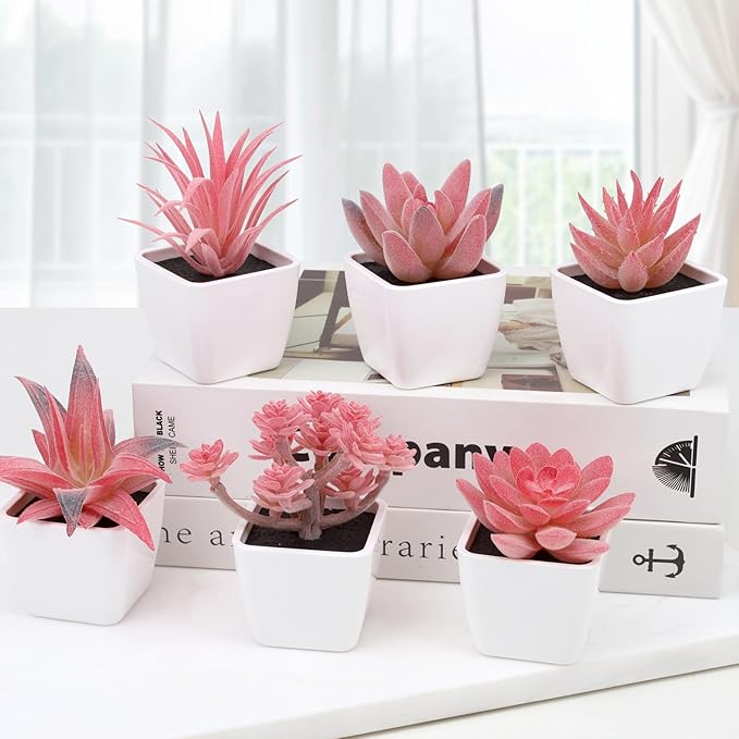 Woration 6Pcs Small Artificial Pink Succulent Set Fake Flocking Succulents Plants Potted Floral Arrangement for Shelf Office Home Desk Decorations - White Pots