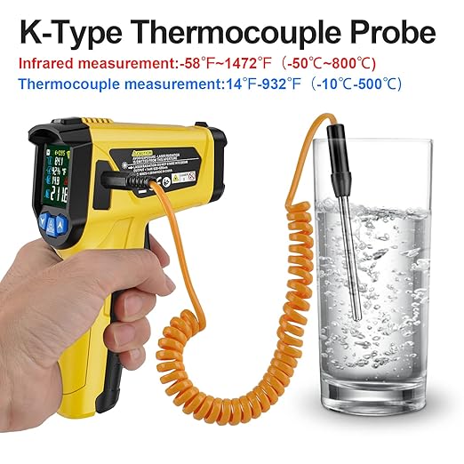 Infrared Thermometer Gun -58°F to 1472°F, Digital Temperature Gun/K-Type Probe -14°F~932°F, Humidity Sensor, IR Laser Temp Gun with Color LCD for Cooking Pizza Oven BBQ HVAC Home-Industrial