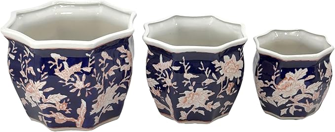 Galt International Blue & Pink Round Fluted Floral Porcelain Ceramic Plant Flower Planter Pot Set of 3 (7.5", 10", 13") Garden Pots Chinese Asian Design
