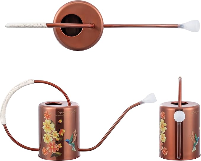 1/2 Gallon 68oz Long Spout Stainless Steel Flower for Indoor Plant Watering or Outdoor Gardening with 2 Removable Spray Spout for Flowers Plant Hummingbird Pattern Watering Can, Bronze