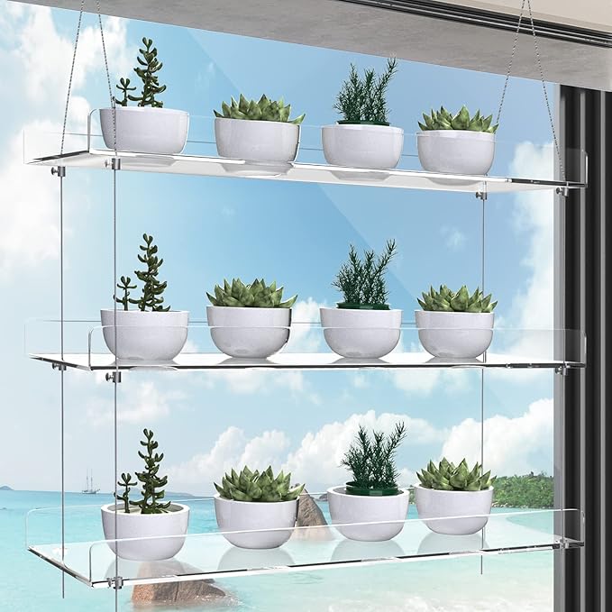 3-Tier Hanging Acrylic Plant Shelves for Windows, Each Tier 16 Inch Long, Height Adjustable Plant Stand, Clear Hanging Plant Stand for Indoor Windows, Grow Herbs,Flower