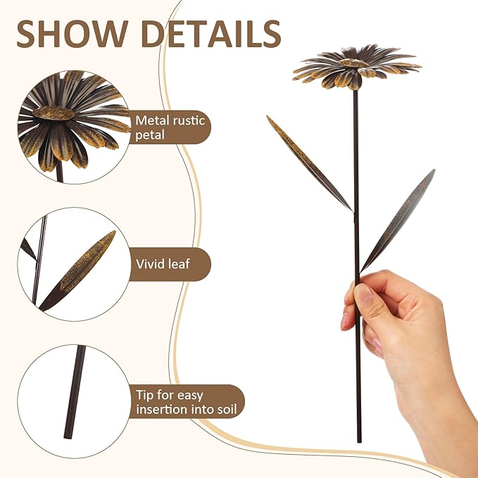 5 Pcs 11.8 Inch 3D Rusty Metal Garden Stakes, Weatherproof Decorative Plant Picks for Farmhouse Outdoor Yard, Lawn, Patio & Walkway(Daisy)