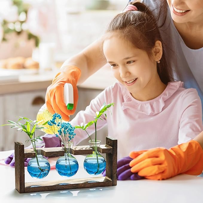 Plant Propagation Station with Wood Stand - Wall Glass Terrarium for Cuttings Air Plants Small Flower Pothos - Gift for Women Plant Lovers (Gradient Blue)