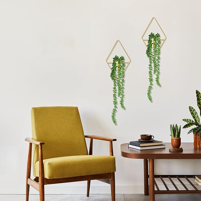 Jexine 2 Pcs Boho Wall Decor Gold Hanging Planters with Artificial Plants Wall Art Mounted Metal Home Decor Display Bedroom Bathroom Living Room (Succulent Plants)