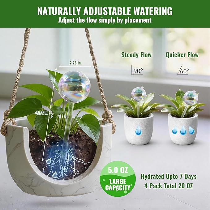 20oz Total Glass Watering Globes (4 Pack, 5oz/150ml Each), Up to 7 Days Self-Watering Bulbs for Plants, Top-Fill Design with Rubber Stopper, Iridescent Glass Decor for Indoor Outdoor Pots