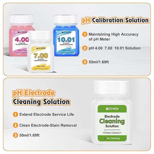 pH Meter Calibration Solution, pH Buffer 4,00 7,00 and 10,01 Calibration Kit with Electrode Cleaning Solution*1, Each 50ml (1.69fl oz) for Water, Swimming Pool, Soil, Food, Aquarium