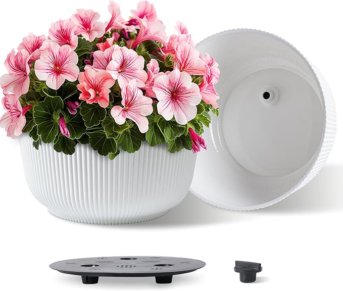 T4U 12 Inch Self Watering Pots for Indoor Plants, 2 Pack Large Plant Pots, Self Watering Planter for Indoor Plants, Durable Plastic Pots (2 Pack,12", White)