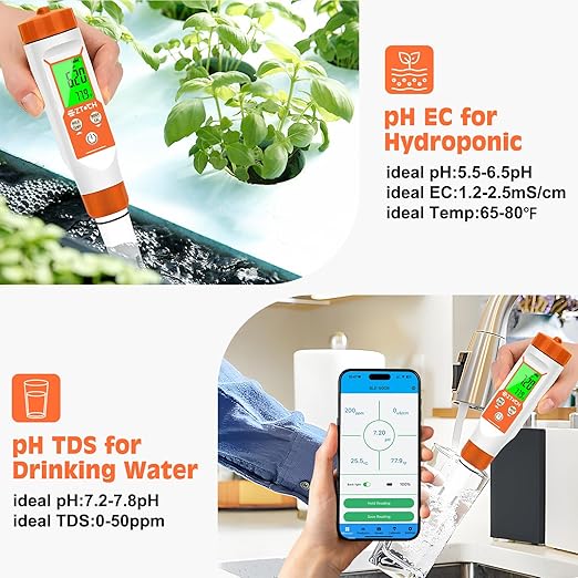pH Meter for Water, Smart pH TDS EC Meter for Water Hydroponic, 4 in 1 pH Conductivity PPM Temp Meter for Drinking Water, Brewing, Aquarium, Pool, Spa