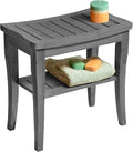 Grey Shower Bench - Small Wooden Shower Stool with Storage Shelf, Non-Slip Bathroom Seat, Spa Decor Bath Bench, Foot Rest Shaving Stool for Shower, Indoor Outdoor Use, Great Gift Idea (17" x 9 x 17)