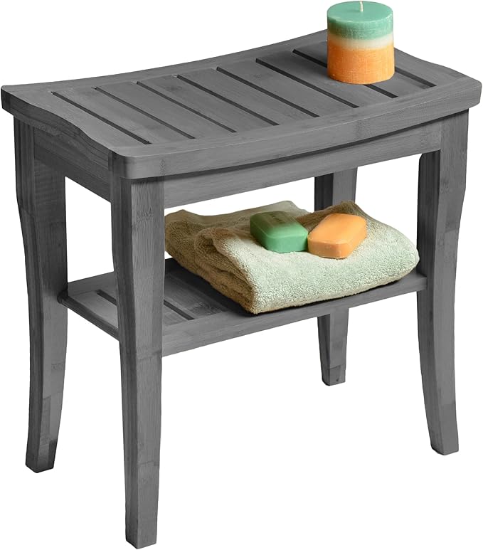 Grey Shower Bench - Small Wooden Shower Stool with Storage Shelf, Non-Slip Bathroom Seat, Spa Decor Bath Bench, Foot Rest Shaving Stool for Shower, Indoor Outdoor Use, Great Gift Idea (17" x 9 x 17)