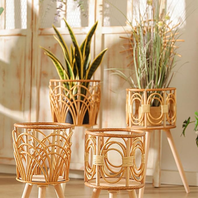 Rattan Indoor Plant Stand Straw Woven Flowers Pot Holder Stool With Legs Floor Planter Baskets Rack Wooden Plant Shelf