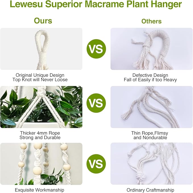 LEWESU Macrame Plant Hanger Indoor Set of 2 with 4 Hooks, Indoor Outdoor Hanging Planter for Plants Holder with Decorative Wood Beads & No Tassels, Boho Home Decor, 35 Inch Ivory (Pots Not Included)