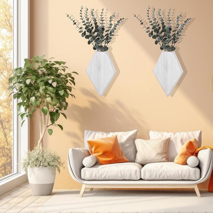 Chunful 2 Pcs Wooden Wall Planter Decor Hanging Faux Plants Greenery Flowers Holder Vase Boxes for Wall Bohemian Farmhouse Room Kitchen Office Indoor Decoration(Retro White,9.8 x 6.6 x 1.2 Inches)