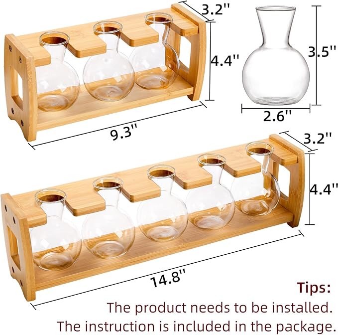 Pumtus 2 Pack Propagation Stations with Bamboo Stand, 8 Bulbs Desktop Water Plant Terrarium Vase, Retro Plant Propagation Jars for Indoor Plants, Glass Planter Gifts for Home Office Table Decor