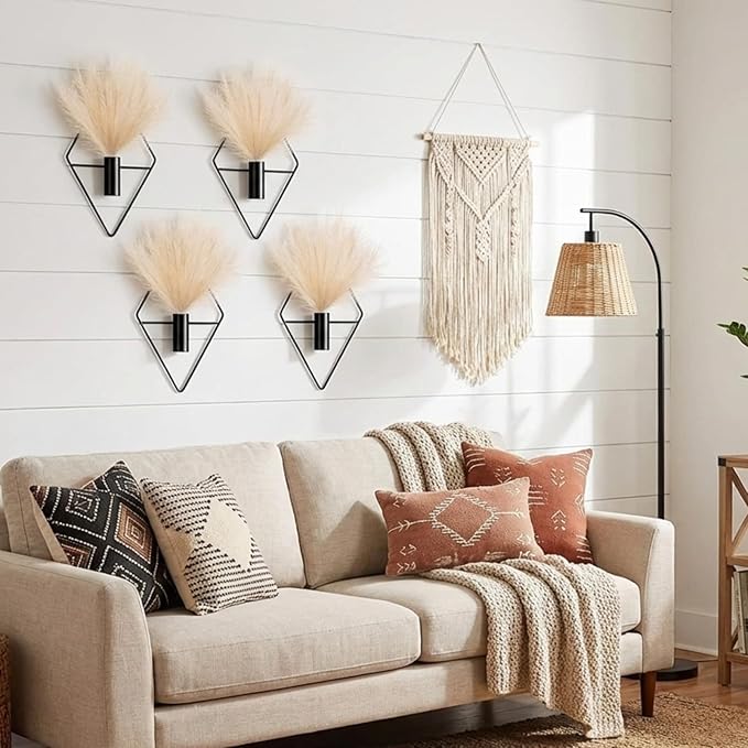 Jexine 4 Pcs Plant Wall Decor Diamond Shape Hanging Planters with Artificial Plants Geometric Wall Decor Metal Hanging Vase Indoor Holder for Living Room Bathroom Home(Pampas)