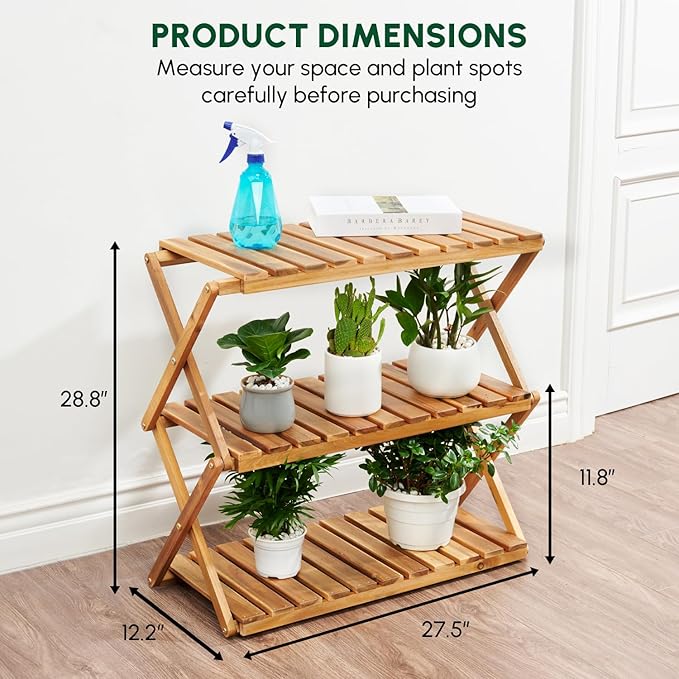 BEEFURNI Acacia Plant Stand Indoor, Wooden Outdoor Plant Stand, Foldable Plant Stand, 3 Tier Conner Space Flower Stand, Plant Ladder Stand (Natural)