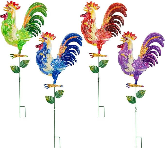 Metal Garden Stakes Outdoor Decor, 18 inch Garden Yard Art, Weather Proof Rooster Stakes for Yard Lawn Porch Pathway Patio Plant Pot Decorations, 4 Pack (Rooster-a-Head)