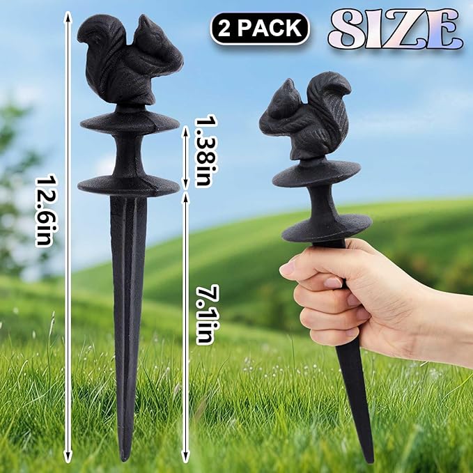 Tandefio 2 Pcs Squirrels Garden Hose Guide Stakes, Heavy Duty Decorative Antique Black Cast Iron Metal Hose Guides, Plant Protector for Lawn Yard Flower Bed