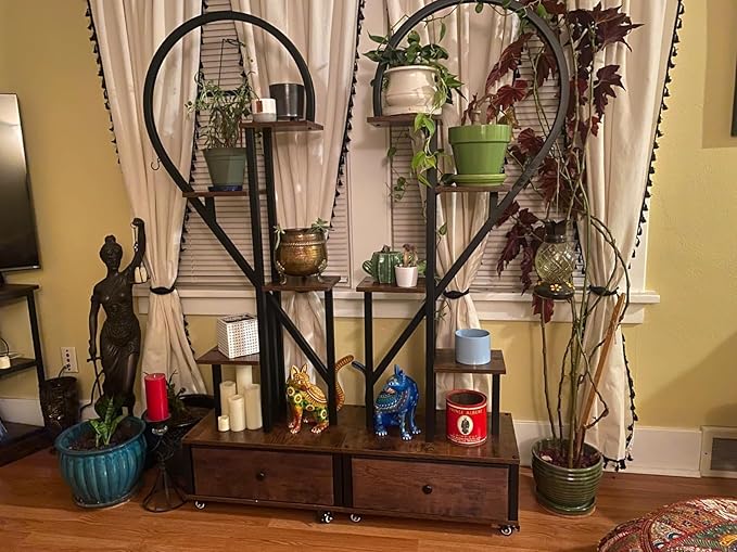 Heart Shaped Indoor Plant Stand with Rolling Storage Cabinet & Drawer, Multi-Tier Plant Shelf with Hanging Hooks & Casters for Home Office Living Room Patio Balcony, Rustic Brown, 2 Pack