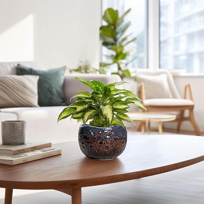 6 Inch Plant Pot - Ceramic Pots for Indoor Outdoor Plants, Round Decorative Planters with Drainage Hole and Plug, Unique Flower Pots, Home Office Decor, Gardening Gifts for Women, Brown-blue