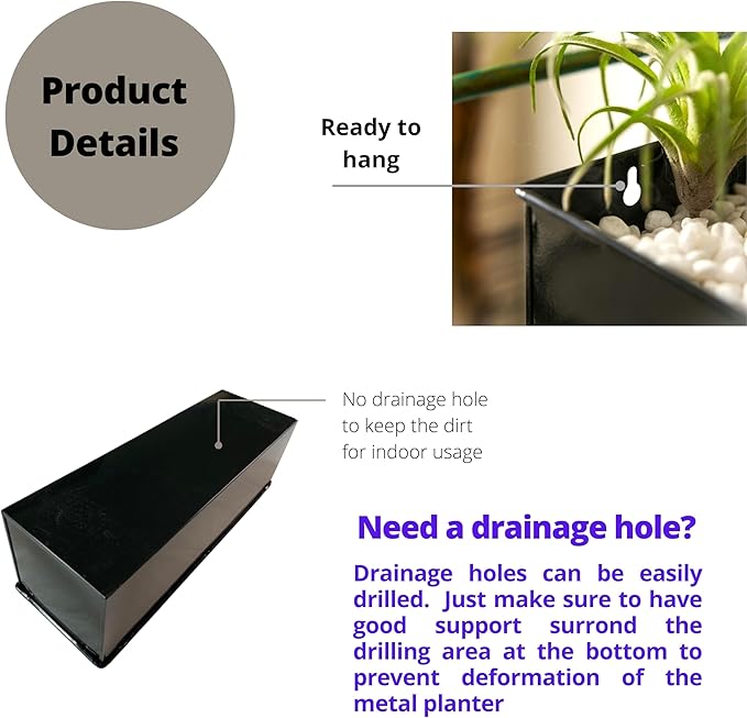 LaLaGreen Indoor Wall Planter - 3 Pack, 16 Inch Large Wall Mounted Succulent Planters, Black Rectangular Metal Hanging Flower Pot, Long Window Sill Plant Box Boho Minimalist Decor Floating Shelve