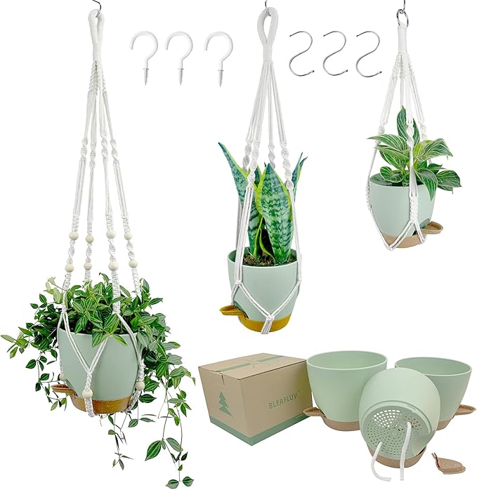 Hanging Planters with Macrame Plant Hangers for Indoor Outdoor Plants, 3 Set Hanging Baskets Flower Pots Holders 35''/27''/21'', Self-Watering Pots 7''/6''/5.5'', Boho Home Decor, Green