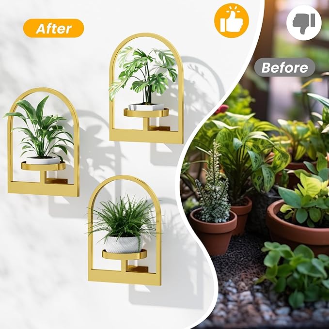 Wall Plant Stand, Hanging Frame Decor Planters for Indoor Plants, Plant Wall Hanger for Living Room/Entryway/Garden Flower Pot Holder Free Garden Shears (Arc-Gold, 2pcs)