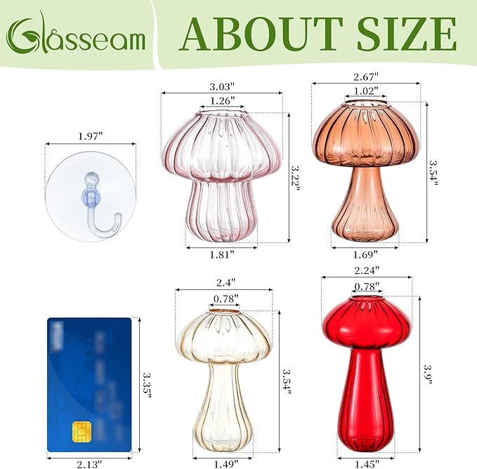 Glasseam Window Propagation Stations, 4Pcs Colored Mushroom Propagation Vases with Suckion Cups, Glass Wall Hanging Planter Terrariums for Flowers, Cute Indoor Small Plant Holder Gifts for Women