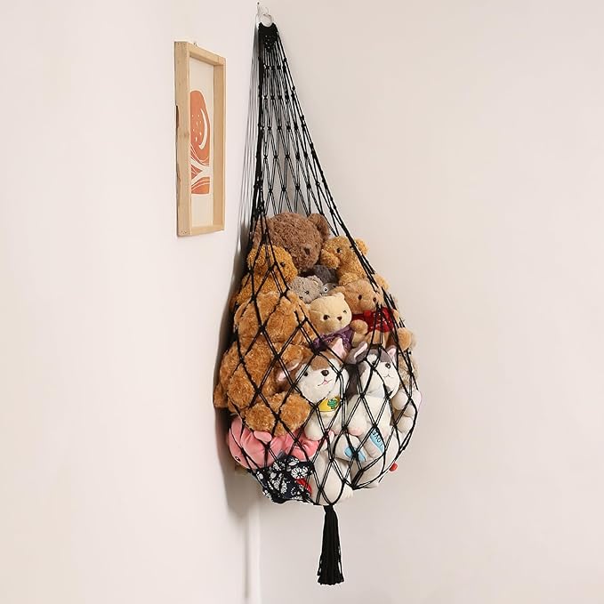 Amdermi Stuffed Animal Hammock Corner Hanging Net for Stuffy Animal Storage Macrame Toy Display Plushie Toy Holder-Perfect for The Tiny Space Walls, Kid Bedroom Decor Playroom Organizer (Black)