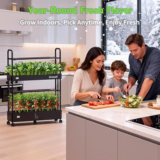 Growell Large Hydroponics Growing System Kit, 60 Pods Vertical Indoor Herb Garden Kit with 2 Light Modes & Auto Circulating Water System, 32L Movable Indoor Gardening System for Herb Vegetable Fruit
