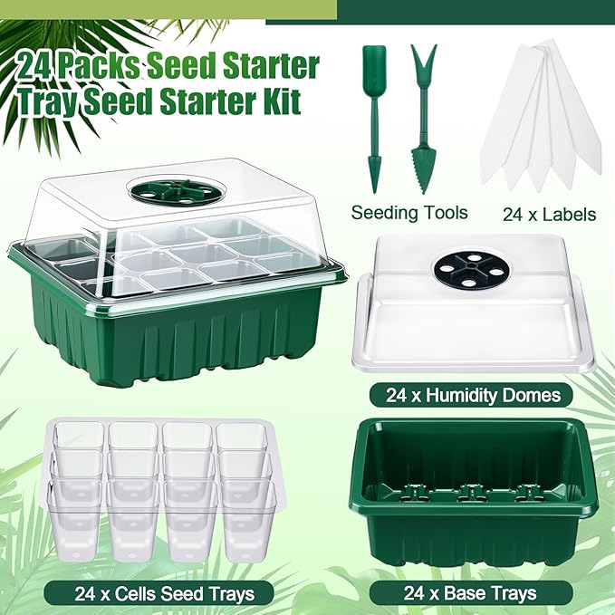 24 Pack Seed Starter Tray Seedling Kit with Adjustable Humidity Dome and Base Indoor Plant Germination Tray Mini Greenhouse Germination Kit Planter Starter for Plant Growing Starting