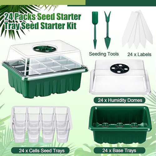 24 Pack Seed Starter Tray Seedling Kit with Adjustable Humidity Dome and Base Indoor Plant Germination Tray Mini Greenhouse Germination Kit Planter Starter for Plant Growing Starting