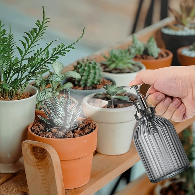 Plant Mister Water Spray Bottle for Plants Creative Hand Pressure Water Bottle Glass Flower Sprayer (Grey+Bronze Sprinkler) Home Accessories
