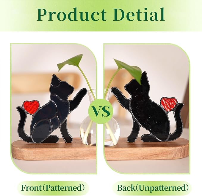Hewory Handmade Cat Propagation Stations: Black Stained Glass Cat Planter Pot with Wooden Stand for Desktop Decor for Plant Lovers Women