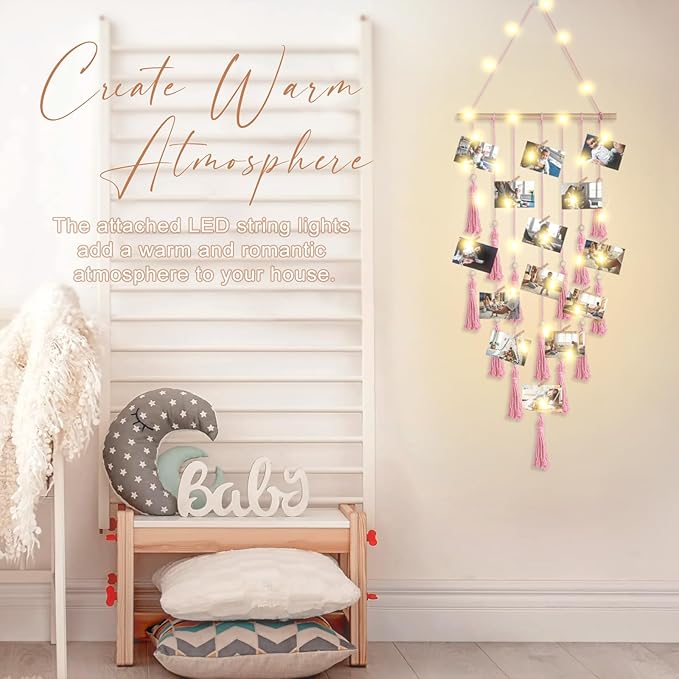 ANROYE Macrame Hanging Photo Display, Picture Holder with 30 Clips for Bedroom Wall, Polaroid Boho Gallery Hangers with LED Light String, Room Decor Gifts for 10 11 12 13 14 Year Old Teen Girl