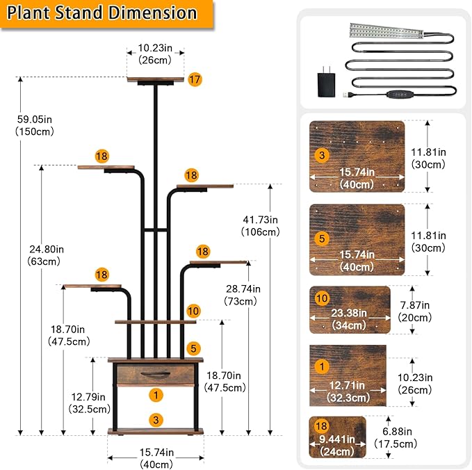 REFGY 8-Tier Tall Plant Stand with Grow Lights, Indoor Multi-Tiered Metal Plant Shelf with Large Storage Drawer, Heavy Duty Flower Pot Stand for Living Room, Bedroom, Balcony, Rustic Brown