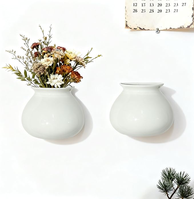 Hanging Ceramic Wall Planters,Set of 2,Minimalist Modern Ceramic Wall Planter,Cubicle Modern Decor Wall Plant Holder for Indoor Plants,Propagation Wall Planters,Hanging Flower Pots,White