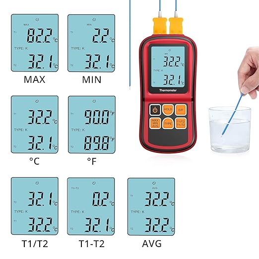 Kamtop Digital Thermometer, Dual Channel Thermometer with Two K Type Thermocouple Probes, High Temperature Meter Dual Measurement Meter Sensor Backlight LCD for K/J/T/E/R/S/N Type