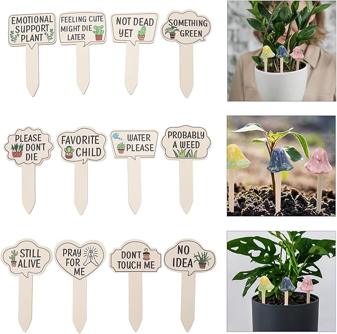 Lurrose 15PCS Wooden Garden Plant Markers Funny Printed Words Reusable Succulent and Vegetable Labels Indoor Outdoor Plant Tags Home Garden