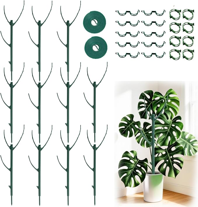 10 Pack Stackable Plant Support Stakes, Moss Pole Alternative for Monstera & Climbing Vines, Gardening Gifts for Women, Garden Essential Trellis Sticks for Indoor Outdoor Plant with 20Pcs Clips & Ties