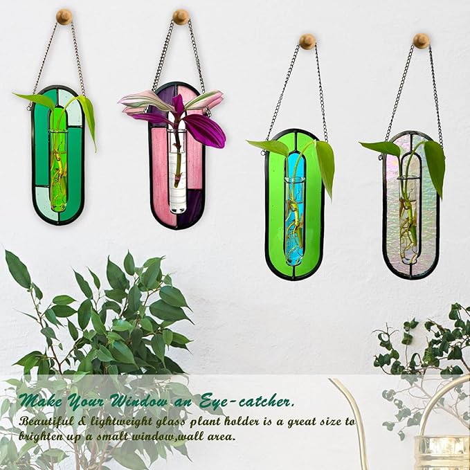 LITMIND Iridescent Stained Glass Plant Propagation Station - Vibrant Hanging Hydroponic Planter Terrarium with 2 Glass Tubes - Perfect for Home & Garden Décor