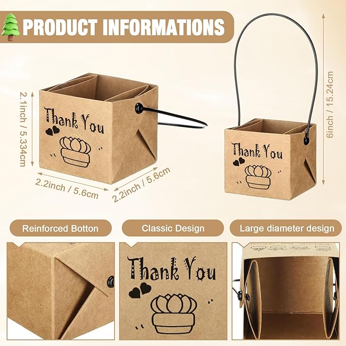 100PCS Thank You Succulent Wrap, Fits 2 Inch Pots Succulent Wrap Bag with Plastic Handle Kraft Paper Sleeve Succulent Tags for Shower Party Favors Ideas (100PCS-Thank You)