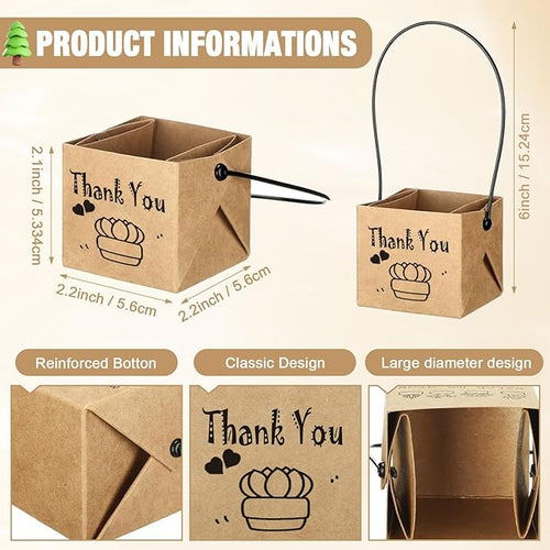 100PCS Thank You Succulent Wrap, Fits 2 Inch Pots Succulent Wrap Bag with Plastic Handle Kraft Paper Sleeve Succulent Tags for Shower Party Favors Ideas (100PCS-Thank You)