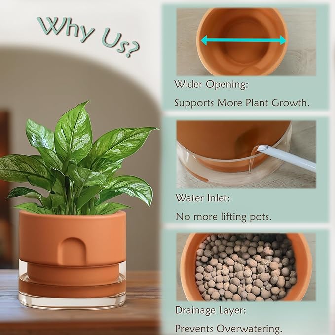 GUGUGO Self Watering Pot for Indoor Plants, 6 Inch Self-Watering Terracotta Plant Pots, Terracotta Planters with Clear Reservoir, Terra Cotta Flower Pots Planters, Large Modern Office Home Décor