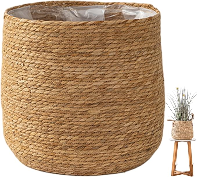 Seagrass Flower Pot, Woven Planter Basket for Indoor Plants, Decorative Plant Pot with Plastic Liner, Decorative Basket Planter for Home Decor (23 cm)