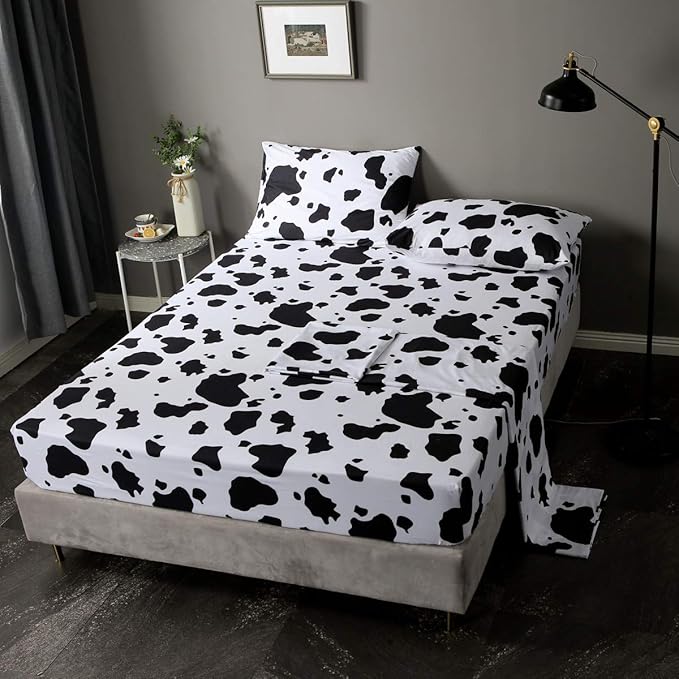 Kids Cute Cow Bed Sheet Set with 2 Pillowcase 1 Fitted Sheet 1 Flat Sheet Full Size Children Cartoon Milk Cow Animal Bedding Set for Boys Girls Bedroom Decor Lovely Black White Bed Cover Microfiber