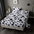 Kids Cute Cow Bed Sheet Set with 2 Pillowcase 1 Fitted Sheet 1 Flat Sheet Queen Size Children Cartoon Milk Cow Animal Bedding Set for Boys Girls Bedroom Decor Lovely Black White Bed Cover Microfiber