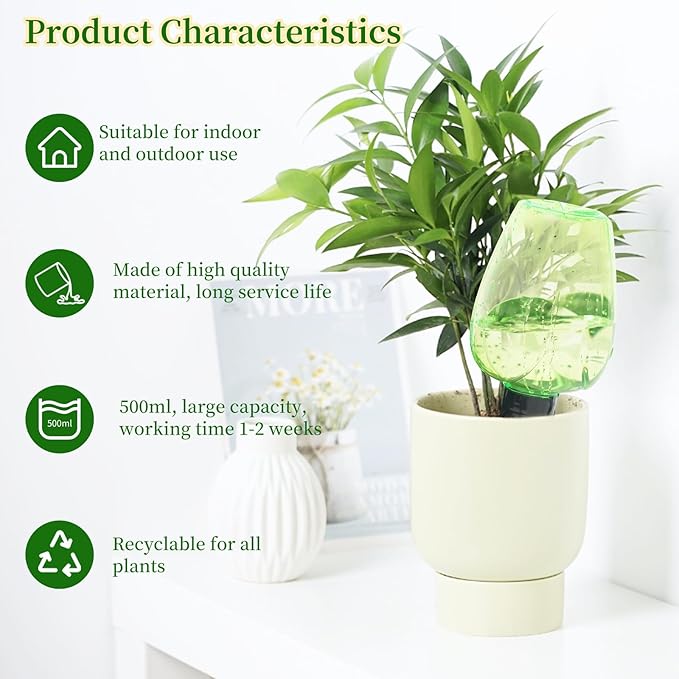 6pcs Plant Self Watering Globes, Plastic Water Bulbs Top Fill, 12.3 oz Plant Watering Devices System Slow Release Terracotta, Water Spikes Stakes for Indoor (Green-6pack)