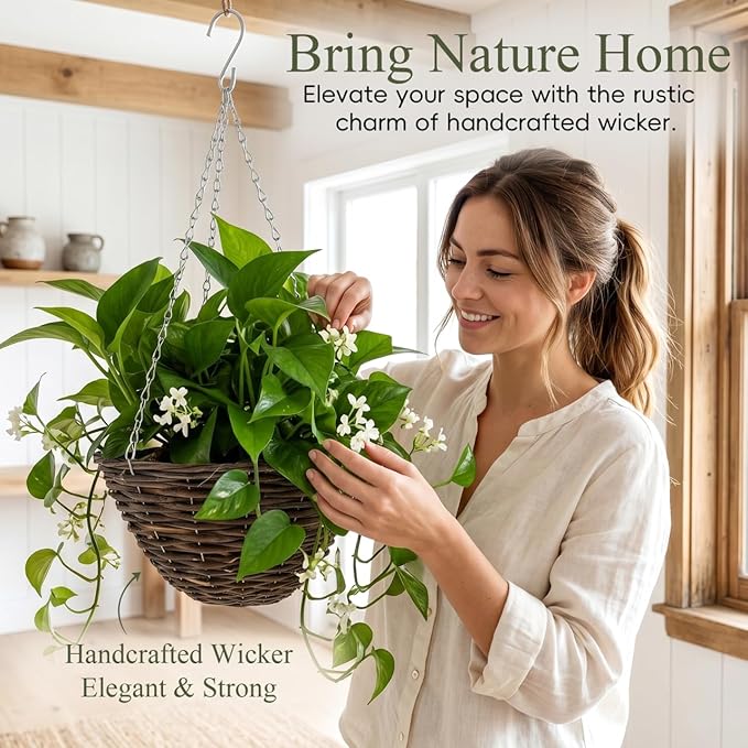 Hemoton Rattan Hanging Basket for Plants Seagrass Hanging Planters Indoor Outdoor Plant Flower Pots Woven Straw Planter Ceiling Flower Pots for Garden Home Decoration 2pcs